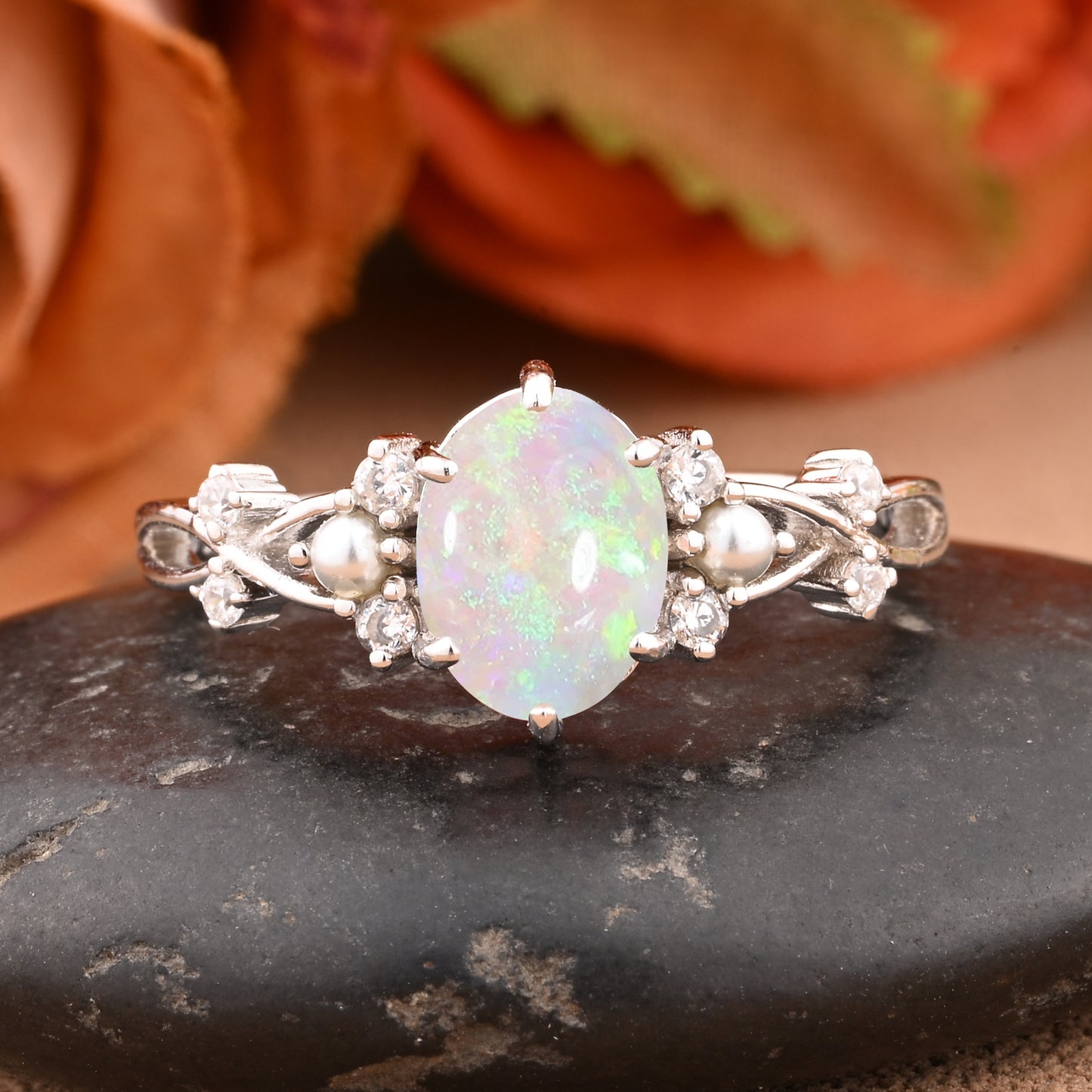 Bague de fiançailles vintage ovale en pierre de lune, bague de promesse unique en opale et moissanite