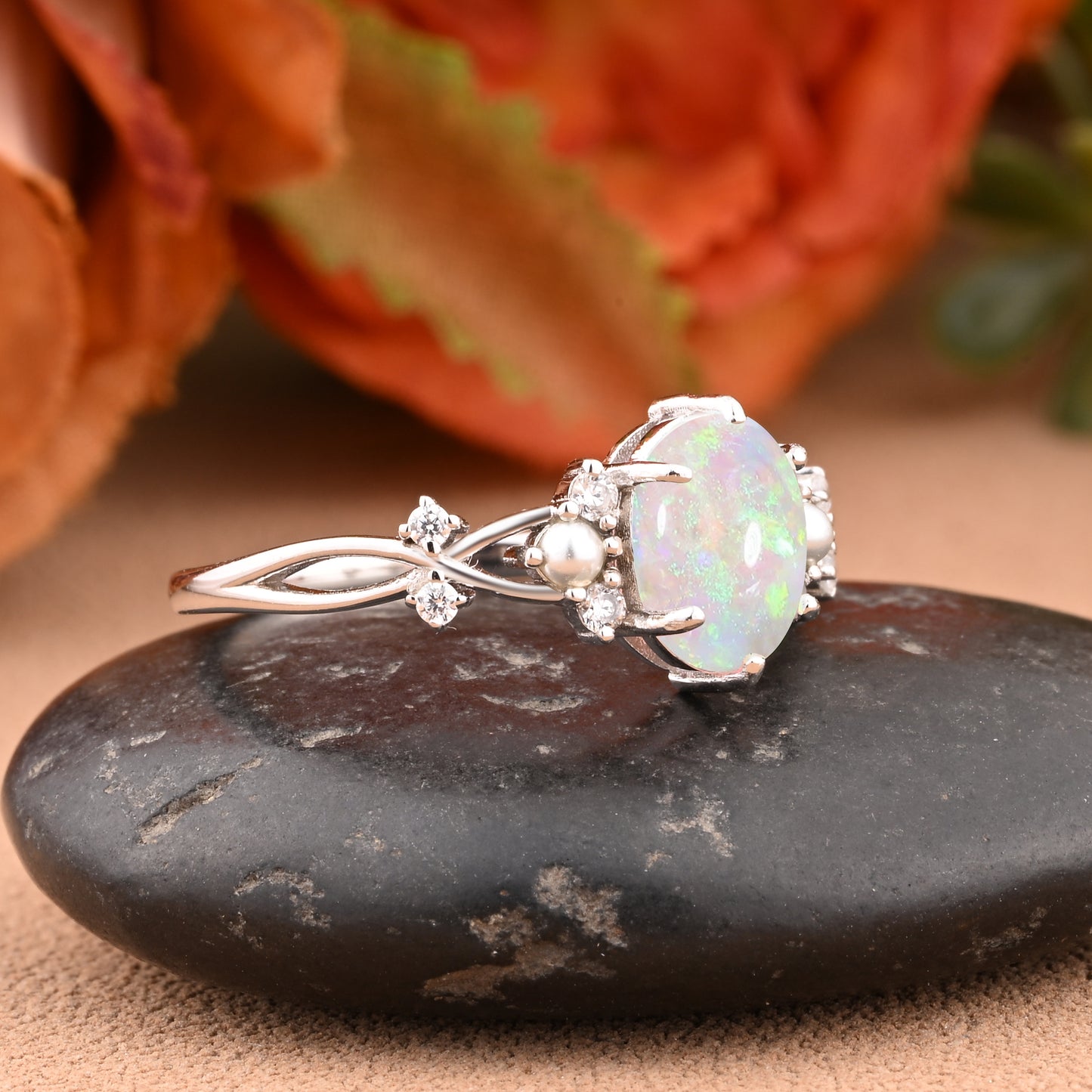Bague de fiançailles vintage ovale en pierre de lune, bague de promesse unique en opale et moissanite