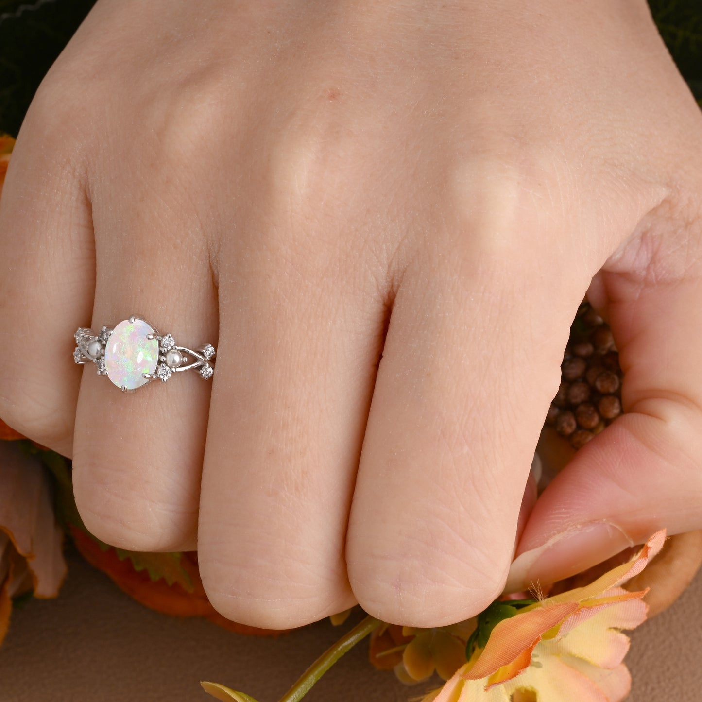Bague de fiançailles vintage ovale en pierre de lune, bague de promesse unique en opale et moissanite