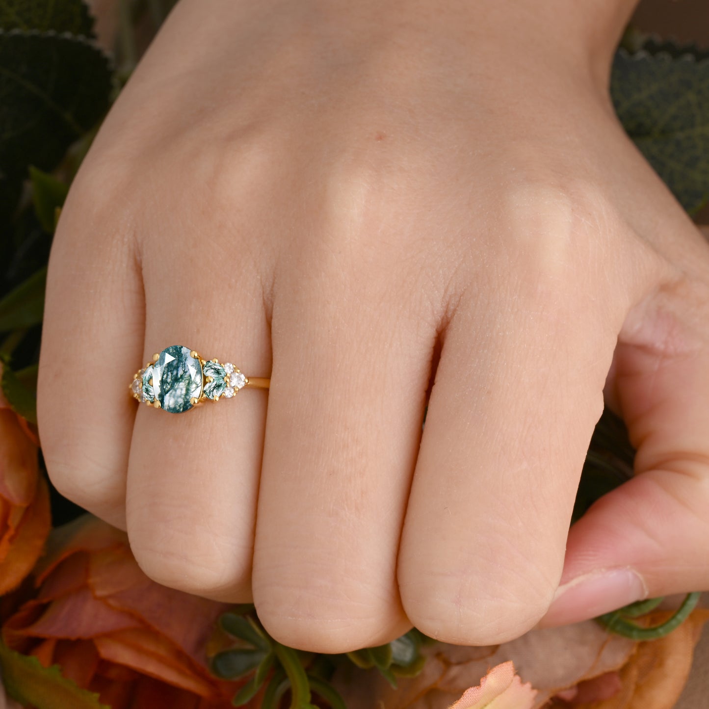 Vintage Oval Moss Agate Engagement Ring Set Unique Moss Agate Sidestones Oval Moissanite Deco Gemstone Promise Ring Set