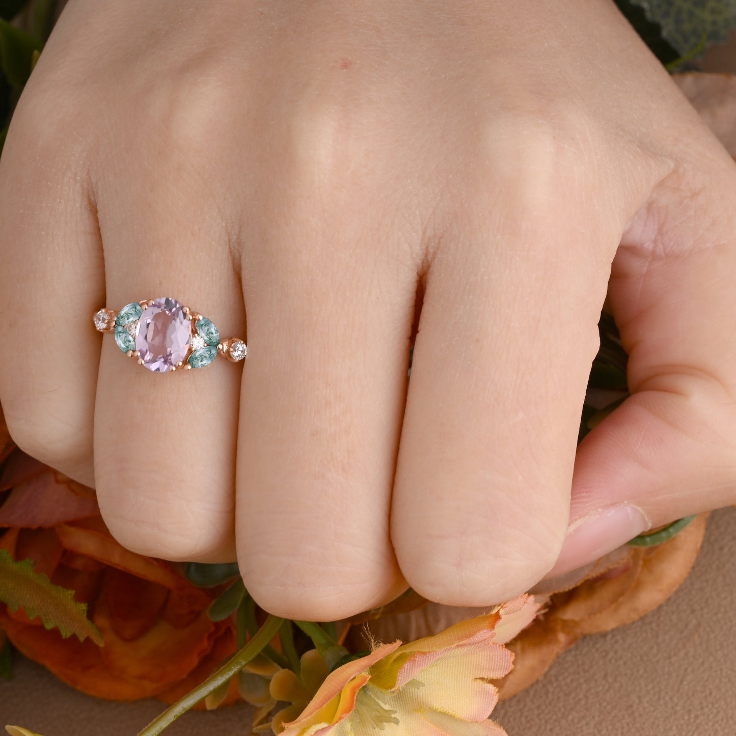 Vintage Oval Amethyst Engagement Ring Unique Moss Agate Sidestones Oval Gemstone Promise Ring