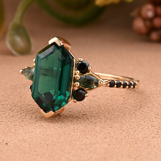 Hexagon Emerald Engagement Ring Emerald Black Onyx Cluster Promise Ring Rose Gold Art Deco Ring Custom Handmade Bridal Ring