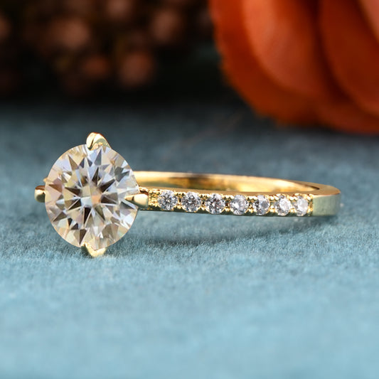 Unique Round Cut Moissanite Engagement Ring Dainty Bridal Ring 14k Yellow Gold Ring Vintage Moissanite Statement Ring Promise Ring