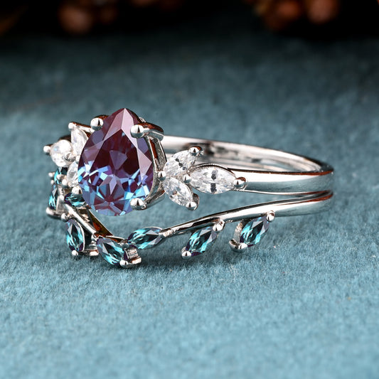 Vintage Pear Shape Alexandrite Enhancer Ring Set Unique Moissanite Gemstone Promise Bridal Ring Set