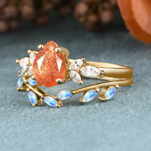 Vintage Pear Shape Sunstone Enhancer Ring Set Unique Moonstone Gemstone Promise Bridal Ring Set