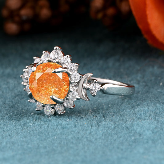 Natural Sunstone Engagement Ring Sunstone Wedding Ring Moon Orange Natural Sunstone Ring Vintage Rose Gold Bridal Ring Ring Gift For Her
