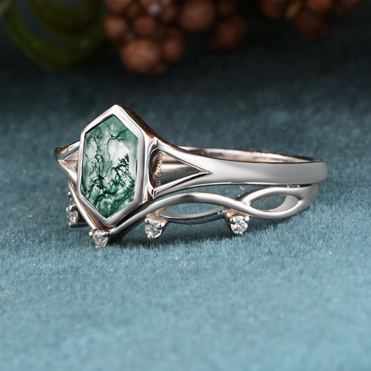 Unique Vintage Bezel Setting Moss Agate Ring Set Sterling Silver Ring Set Vintage Hexagon Cut Moss Agate Engagement Promise Bridal Ring Set