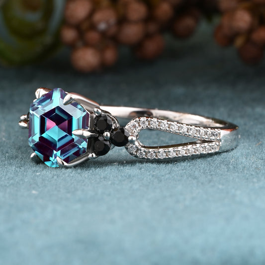 Vintage Hexagon Cut Alexandrite Engagement Ring Nature Inspired Black Onyx Cluster Promise Ring Rose Gold Art Deco Leaf Women Gemstone Branch Ring