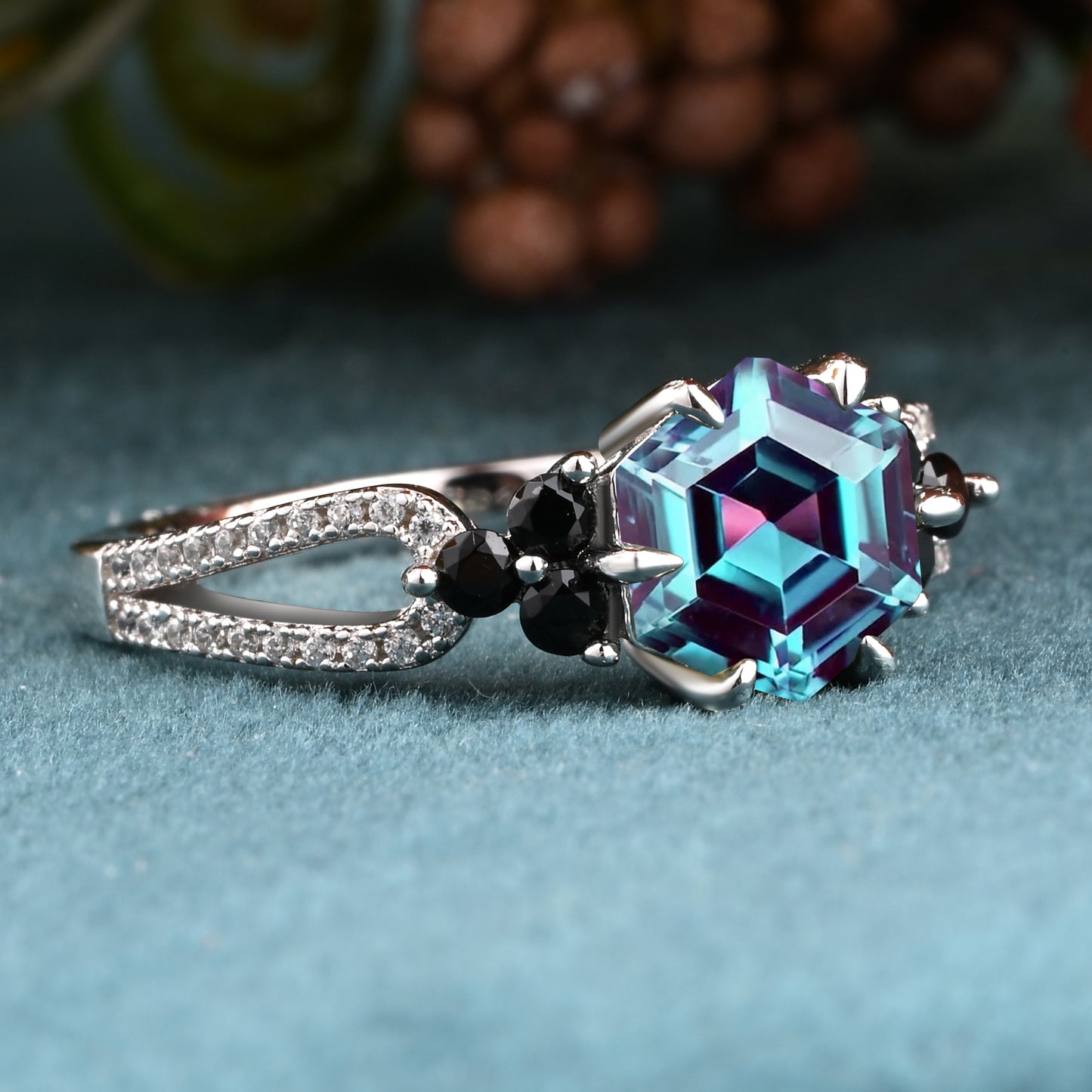 Vintage Hexagon Cut Alexandrite Engagement Ring Nature Inspired Black Onyx Cluster Promise Ring Rose Gold Art Deco Leaf Women Gemstone Branch Ring