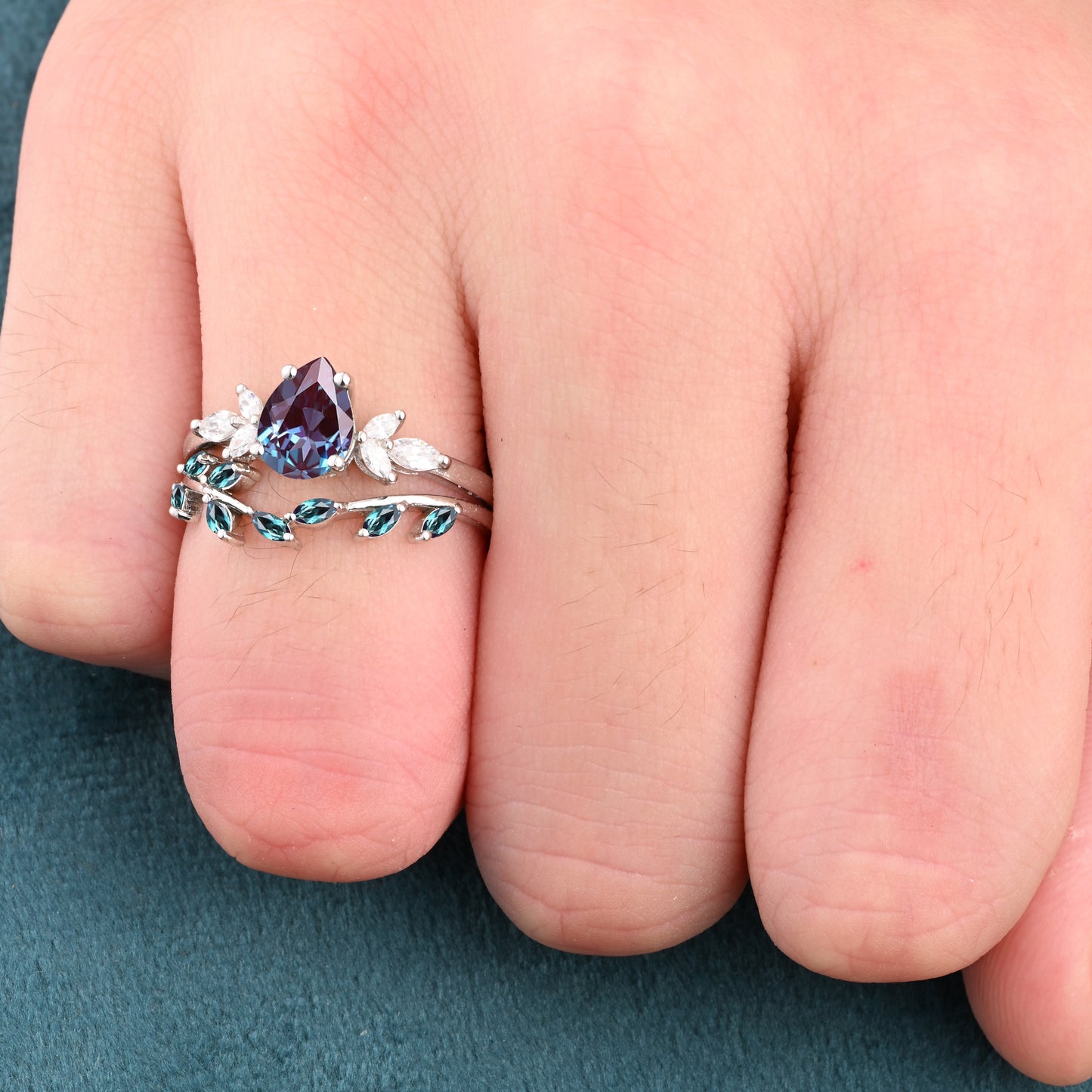 Vintage Pear Shape Alexandrite Enhancer Ring Set Unique Moissanite Gemstone Promise Bridal Ring Set