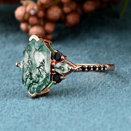 Hexagon Moss Agate Engagement Ring Green Agate Black Onyx Cluster Promise Ring Rose Gold Art Deco Ring Custom Handmade Bridal Ring