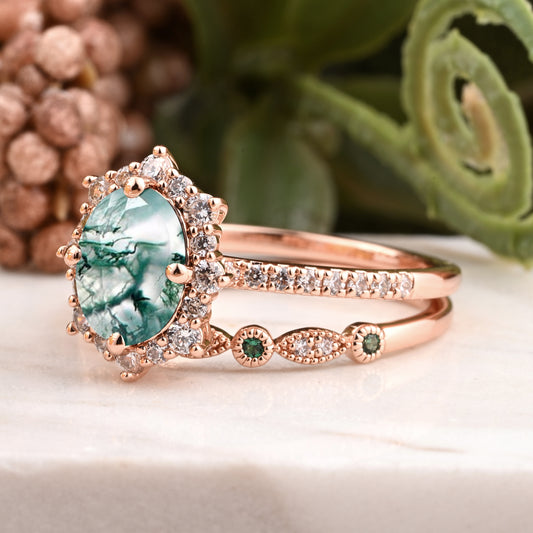Oval Moss Agate Engagement Ring Set with Rose Gold and Moissanite Halo, Dainty Vintage Wedding Band Bridal Jewelry for Women 14k Solid Gold ring