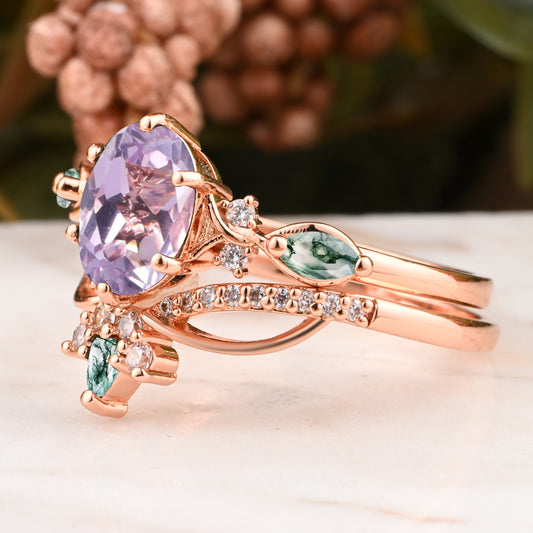 Vintage Oval Shape Amethyst Engagement Ring Set Unique Gemstone Promise Bridal Ring Set Anniversary Gift