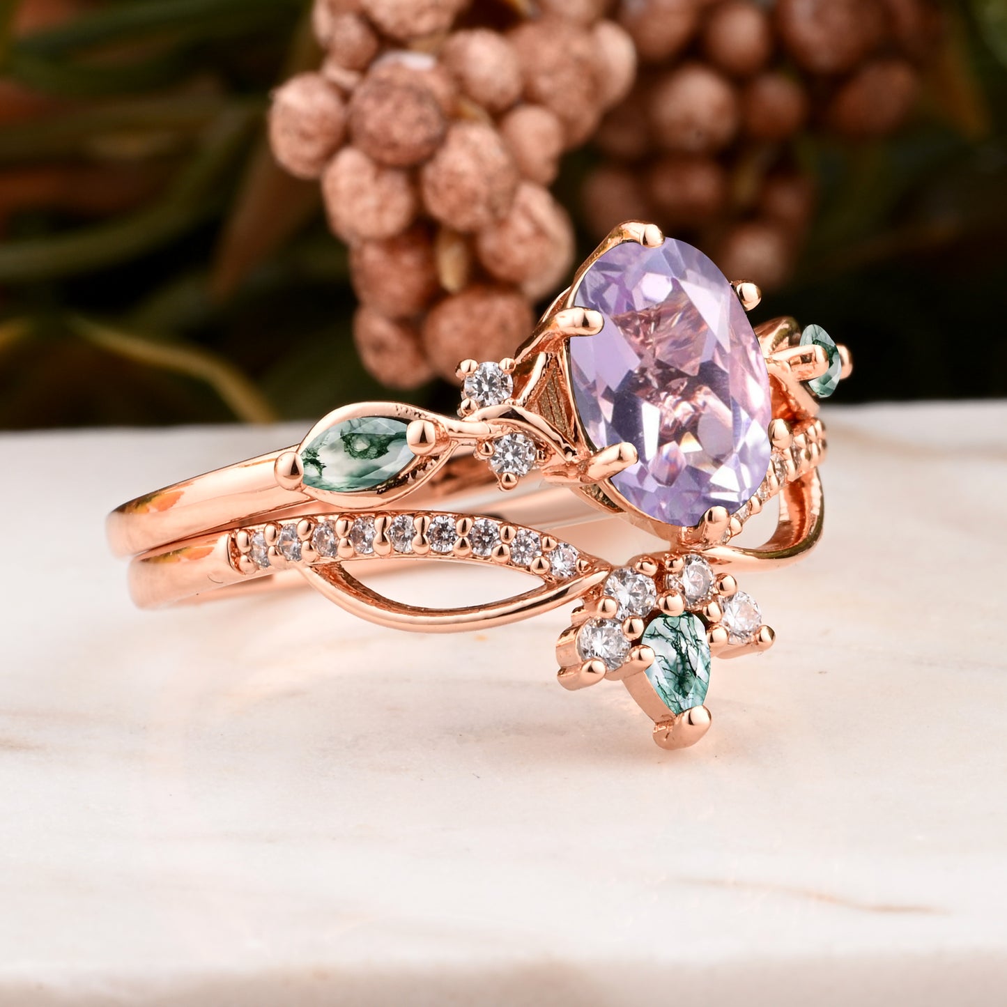 Vintage Oval Shape Amethyst Engagement Ring Set Unique Gemstone Promise Bridal Ring Set Anniversary Gift