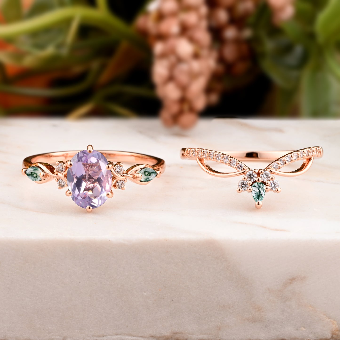 Vintage Oval Shape Amethyst Engagement Ring Set Unique Gemstone Promise Bridal Ring Set Anniversary Gift