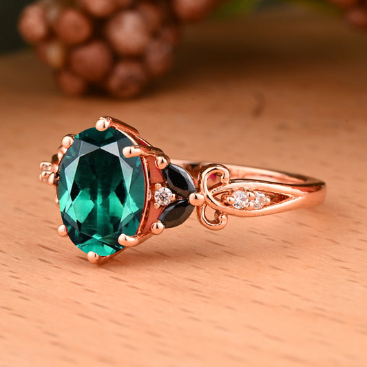 Vintage Oval Emerald engagement ring set Bridal Sets women Rose Gold May Birthstone Promise ring Cluster ring anniversary ring women