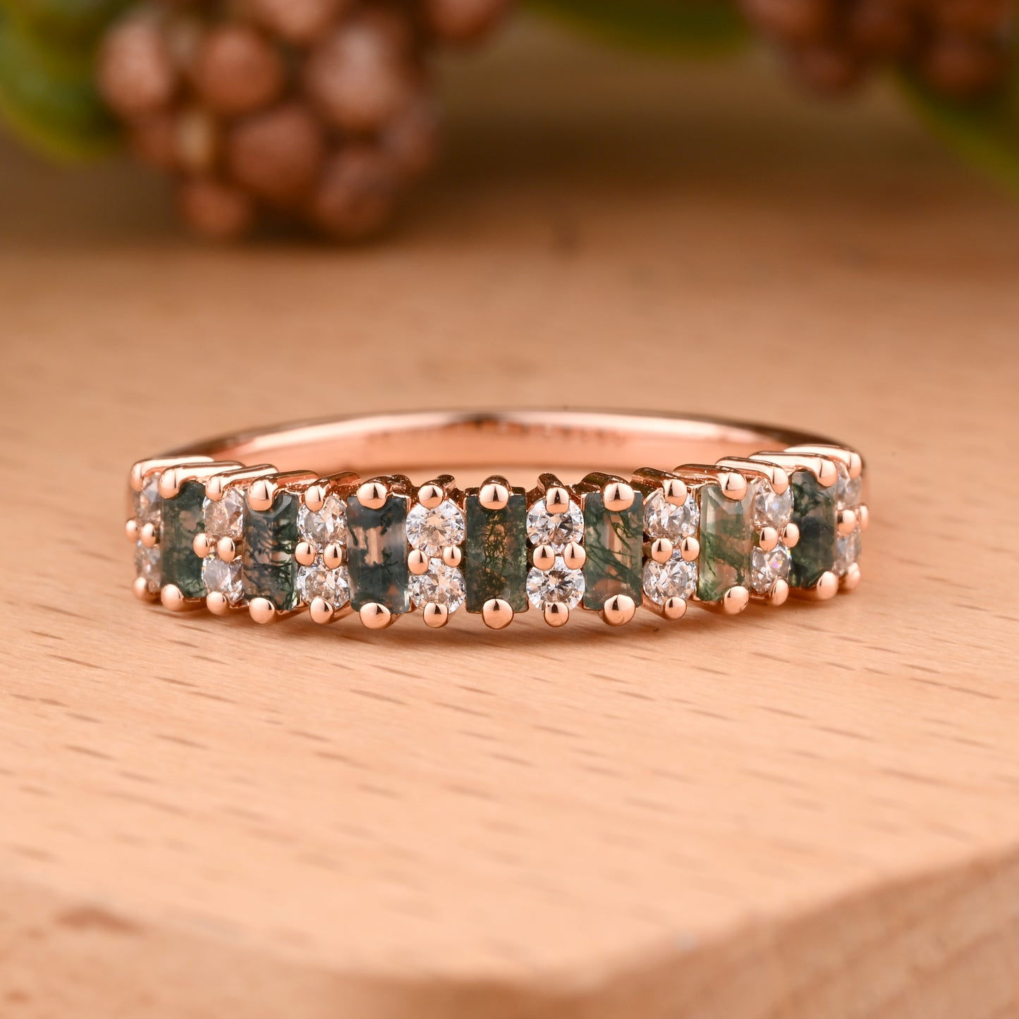 Baguette Moss Agate Wedding Band Ring Art Deco Eternity Band Unique Moss Agate Gold Ring Moss Agate Matching Ring Personalized Gift For Her