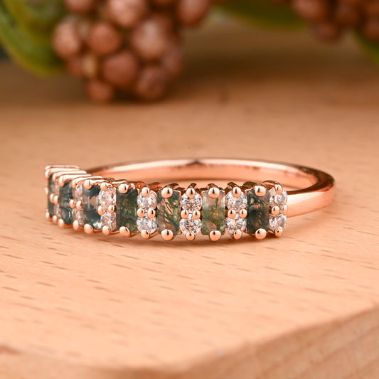 Baguette Moss Agate Wedding Band Ring Art Deco Eternity Band Unique Moss Agate Gold Ring Moss Agate Matching Ring Personalized Gift For Her