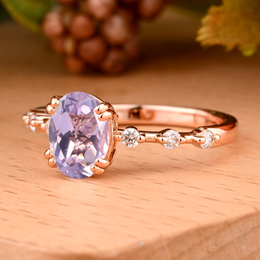 Vintage Oval Shape Amethyst Ring Unique Amethyst Moissanite Deco Gemstone Promise Bridal Ring