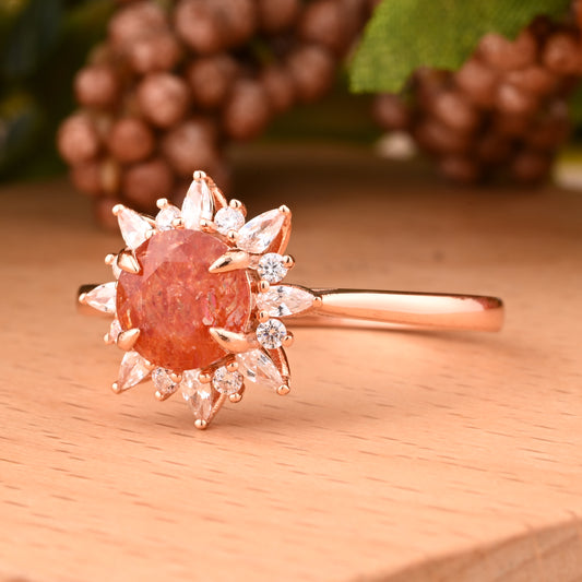 Vintage Sunstone Ring 14K Solid Gold Round Orange Gemstone Engagement Ring Unique Moissanite Halo Promise Ring Anniversary Gift For Women