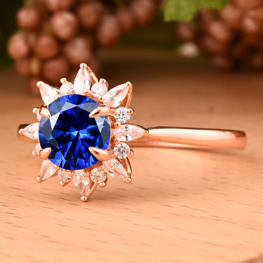 Vintage Blue Topaz Ring 14K Solid Gold Round Blue Gemstone Engagement Ring Unique Moissanite Halo Promise Ring Anniversary Gift For Women