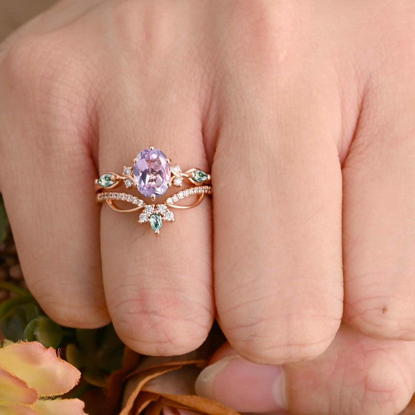 Vintage Oval Shape Amethyst Engagement Ring Set Unique Gemstone Promise Bridal Ring Set Anniversary Gift