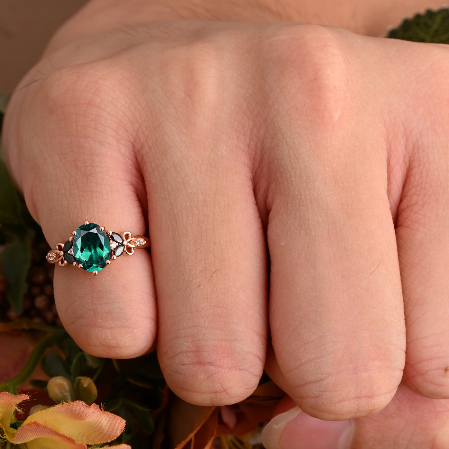 Vintage Oval Emerald engagement ring set Bridal Sets women Rose Gold May Birthstone Promise ring Cluster ring anniversary ring women