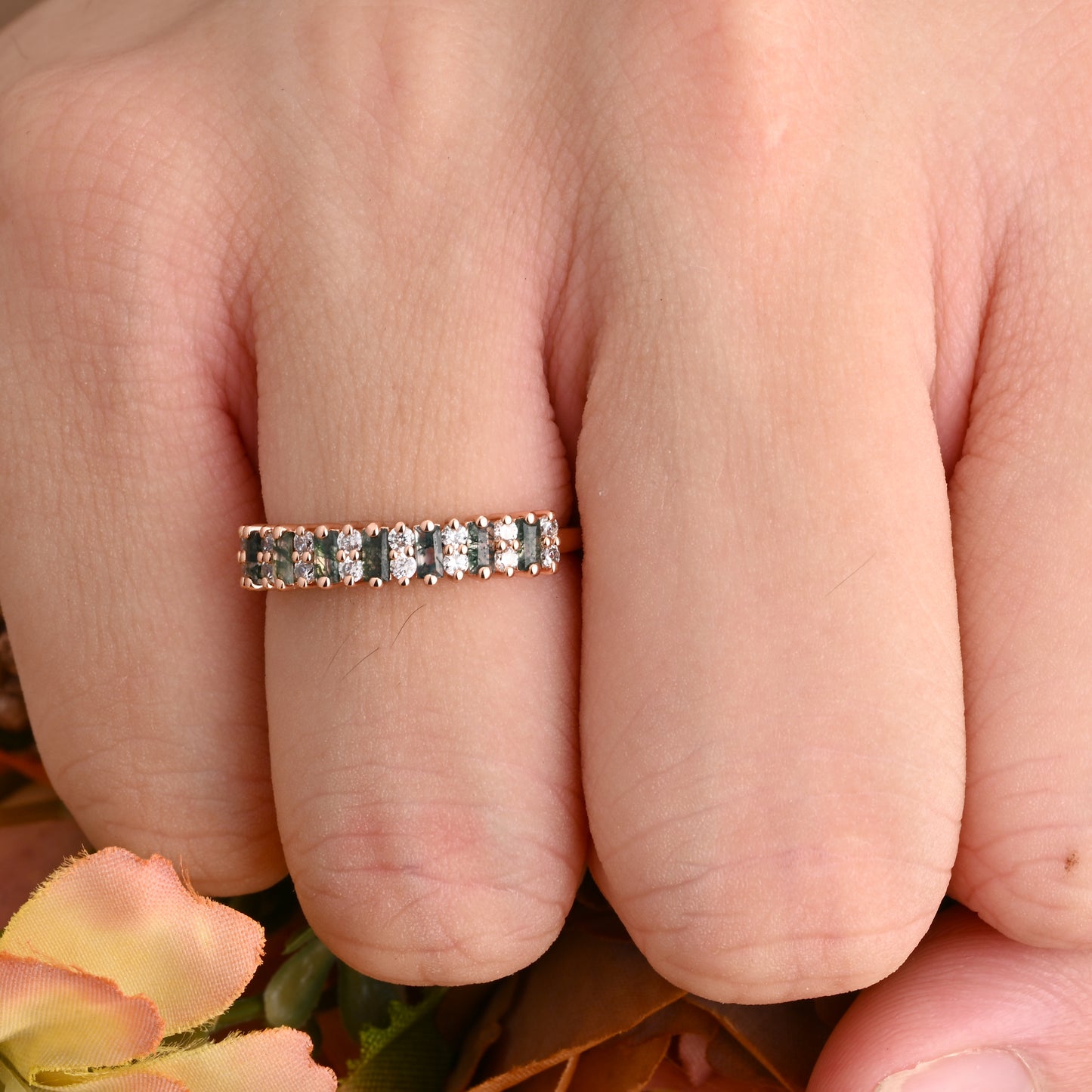 Baguette Moss Agate Wedding Band Ring Art Deco Eternity Band Unique Moss Agate Gold Ring Moss Agate Matching Ring Personalized Gift For Her