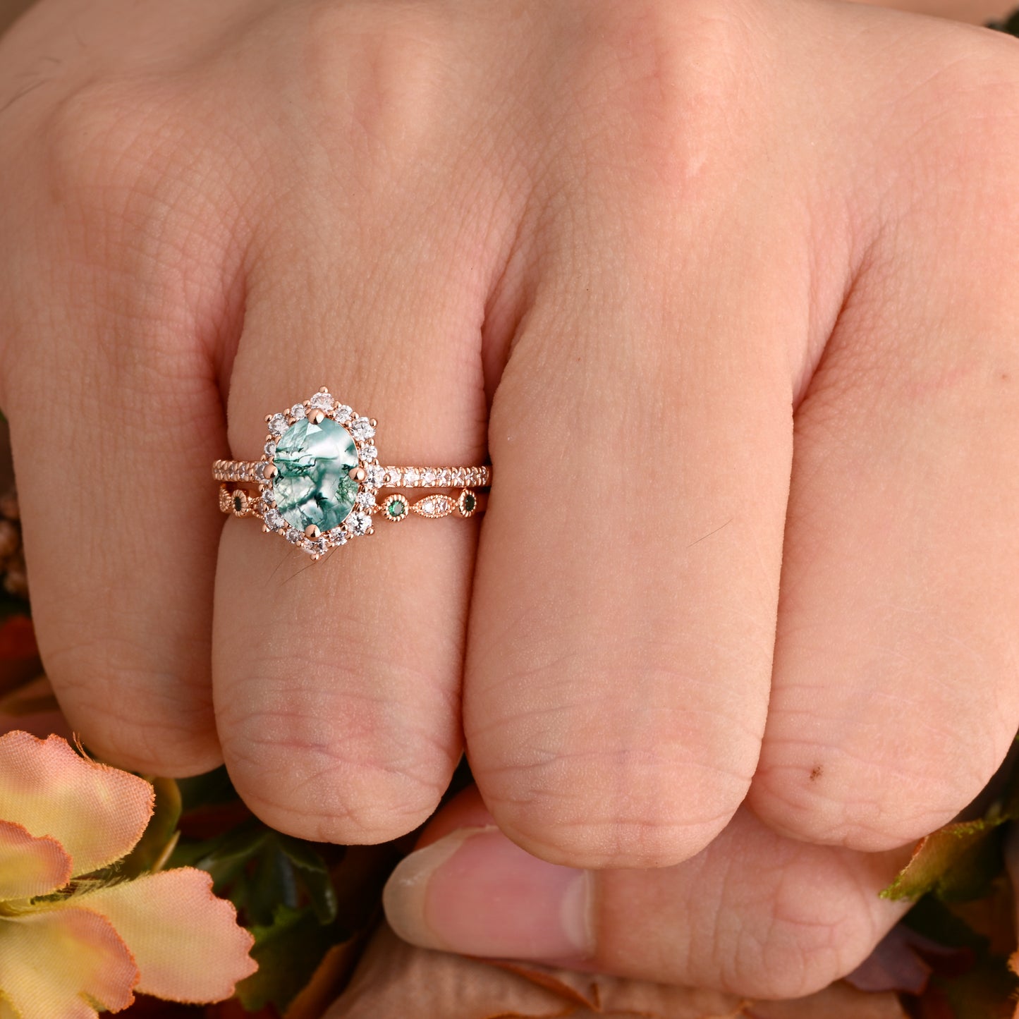 Oval Moss Agate Engagement Ring Set with Rose Gold and Moissanite Halo, Dainty Vintage Wedding Band Bridal Jewelry for Women 14k Solid Gold ring