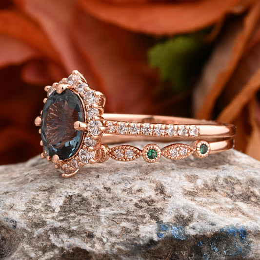 Oval Blue-Green Sapphire Engagement Ring Set with Rose Gold and Moissanite Halo, Dainty Vintage Wedding Band Bridal Jewelry for Women 14k Solid Gold ring