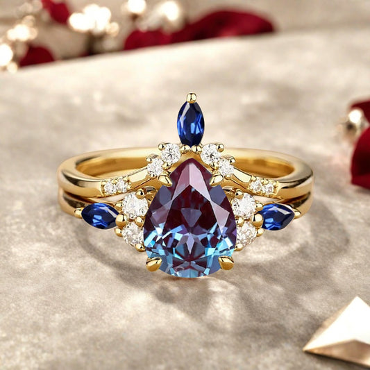 6*8mm Pear shaped Alexandrite engagement ring set engagement ring Solid 14K Moissanite Gemstone vintage Bridal anniversary gift for women