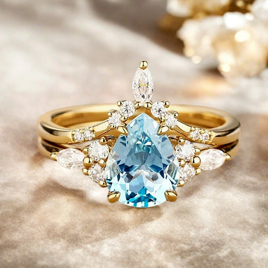 6*8mm Pear shaped Aquamarine engagement ring set engagement ring Solid 14K Moissanite Gemstone vintage Bridal anniversary gift for women