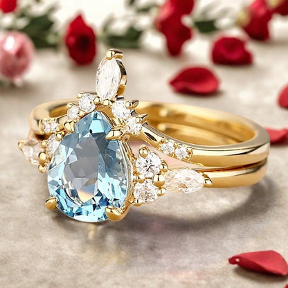 6*8mm Pear shaped Aquamarine engagement ring set engagement ring Solid 14K Moissanite Gemstone vintage Bridal anniversary gift for women