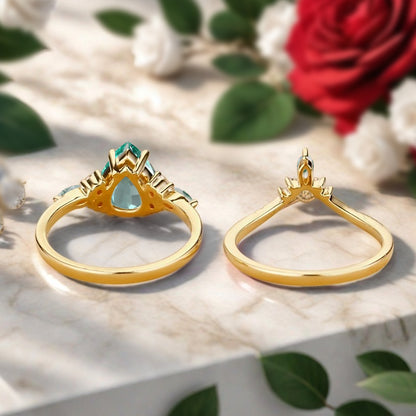 6*8mm Pear shaped Tsavorite engagement ring set engagement ring Solid 14K Moissanite Gemstone vintage Bridal anniversary gift for women