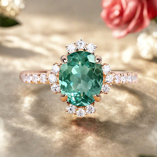 Vintage Tsavorite Engagement Ring Oval Shape Anniversary Ring Solid Gold Moissanite Decorated Ring for Women