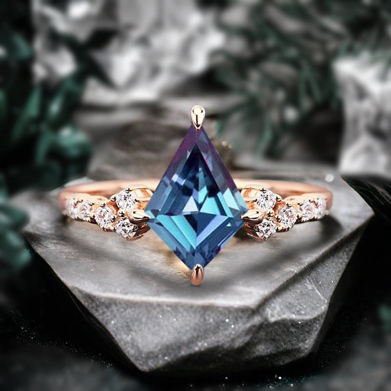 Vintage Kite Shape Alexandrite & Ruby & Moss Agate & Moonstone Ring Unique Promise Bridal Ring