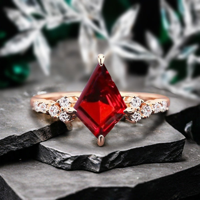 Vintage Kite Shape Alexandrite & Ruby & Moss Agate & Moonstone Ring Unique Promise Bridal Ring
