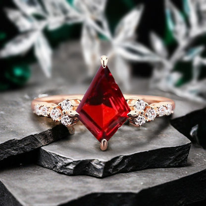Vintage Kite Shape Alexandrite & Ruby & Moss Agate & Moonstone Ring Unique Promise Bridal Ring