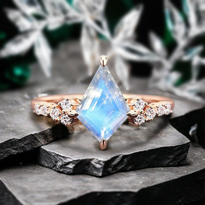 Vintage Kite Shape Alexandrite & Ruby & Moss Agate & Moonstone Ring Unique Promise Bridal Ring