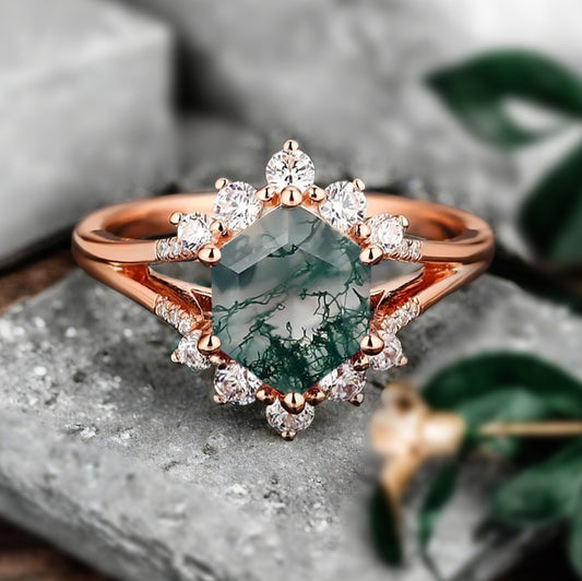 Vintage Moss Agate Engagement Ring Hexagon Shape Anniversary Ring Solid Gold Solitaire Unique Moss Agate  Ring for Women