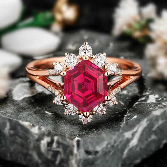 Vintage Ruby Engagement Ring Hexagon Shape Anniversary Ring Solid Gold Solitaire Unique Ruby  Ring for Women