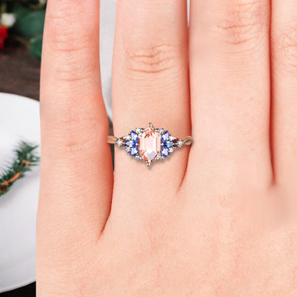 Vintage Hexagon Cut Pink Sapphire Engagement Ring Blue Topaz Wedding Ring Art Deco Rose Gold Dainty Bridal Ring Anniversary Ring