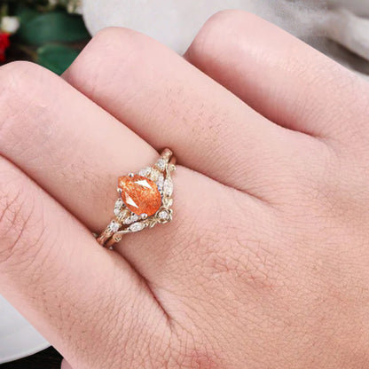 Pear cut sunstone engagement ring set rose gold pear cut sunstone ring unique moissanite wedding band marquise moissanite band stack set