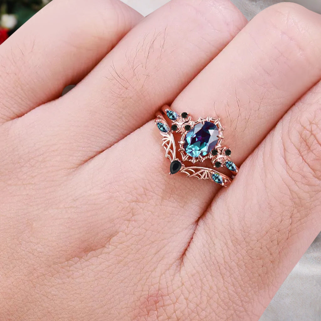 Bague de fiançailles vintage en forme de poire avec aigue-marine, ensemble de bagues de mariage uniques, cadeau d'anniversaire