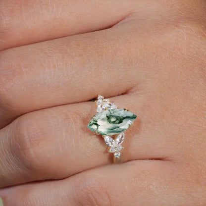 Marquise cut Moss Agate Engagement ring set Vintage Rose Gold Cluster Marquise cut Diamond Bridal set Promise Anniversary Ring Set Women
