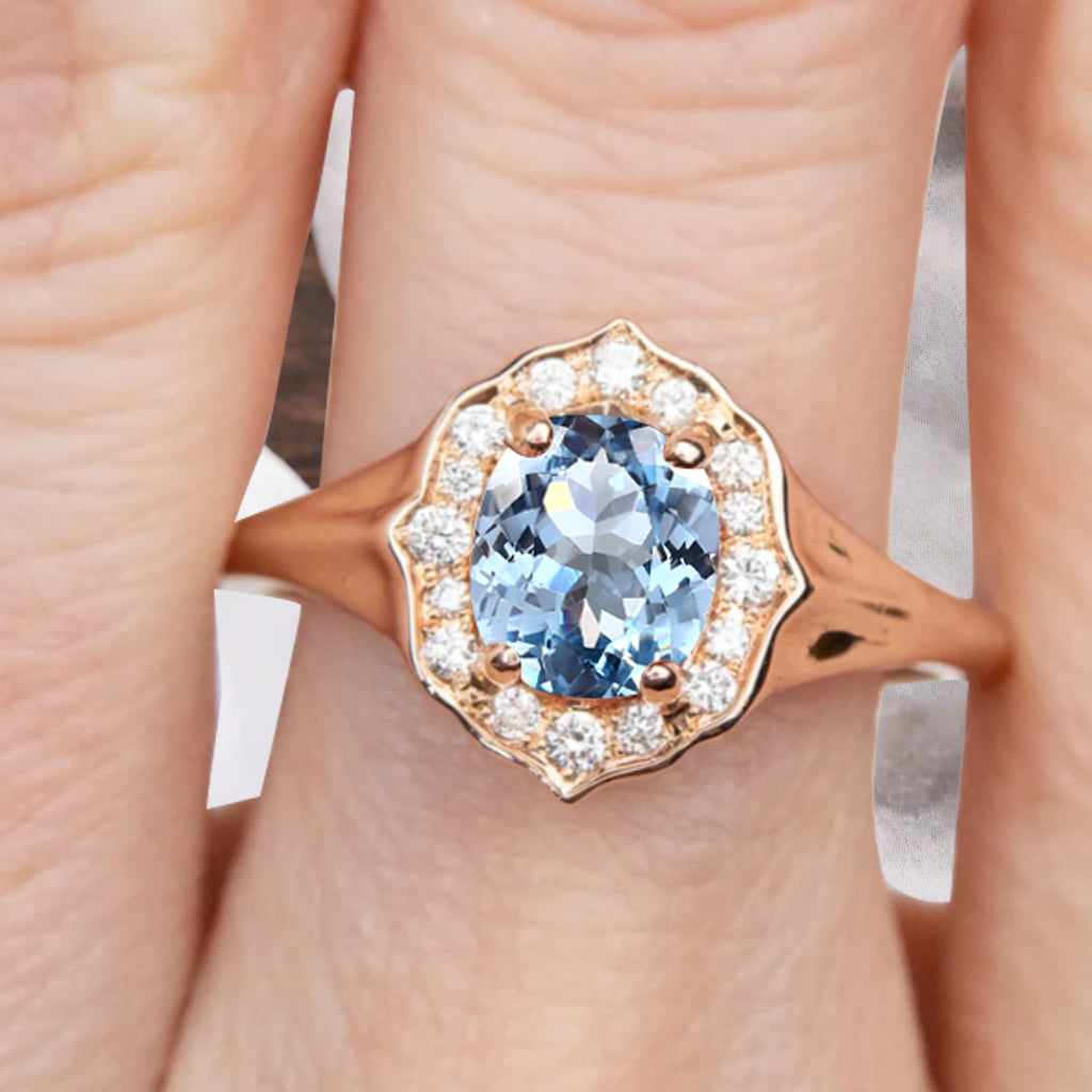 Vintage Aquamarine Ring Solid Gold Oval Cut Aquamarine Engagement Halo Ring Unique Moissanite Promise Ring Anniversary Gift Ring For Women
