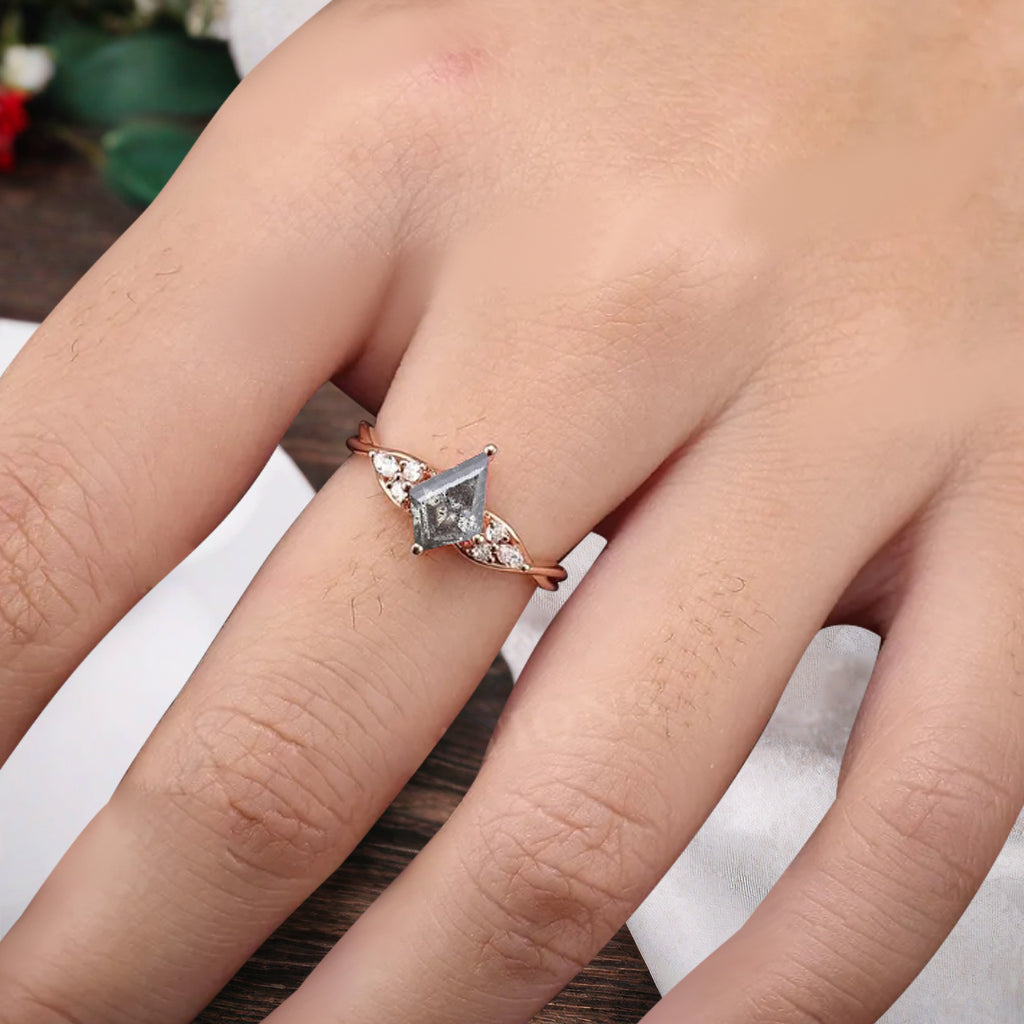 Vintage Kite cut Herkimer Diamond Engagement ring Rose Gold moissanite marriage ring Bridal 3/4 eternity Twisted Flower ring anniversary ring
