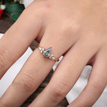 Vintage Kite cut Herkimer Diamond Engagement ring Rose Gold moissanite marriage ring Bridal 3/4 eternity Twisted Flower ring anniversary ring