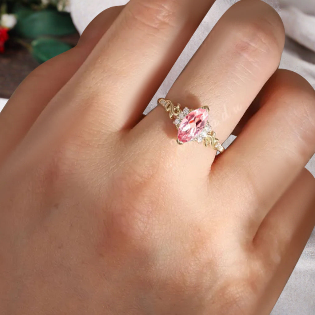 Art Deco Pink Sapphire Engagement Ring Marquise Shape Pink Agate Ring Unique Pink Sapphire Moissanite Cluster Wedding Ring Vintage Ring For Her