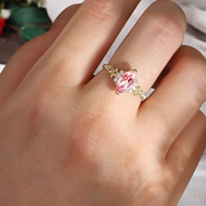 Art Deco Pink Sapphire Engagement Ring Marquise Shape Pink Agate Ring Unique Pink Sapphire Moissanite Cluster Wedding Ring Vintage Ring For Her